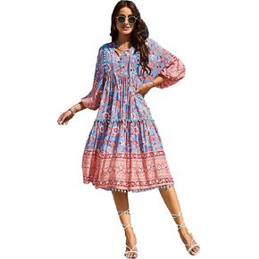HECCPLI Women's Bohemian V Neck Floral Print A-line Casual Midi Long Dress