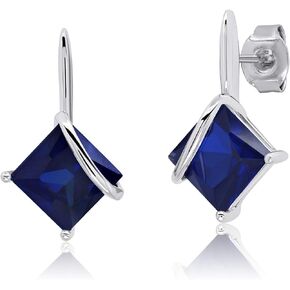 925 Sterling Silver Princess Cut Gemstone Square Drop Dangle Earrings for Women 7mm in Various Birthstones with Push Backs by MAX + STONE