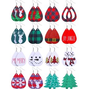 16 Pairs Christmas Faux Leather Earrings Lightweight Faux Leather Earrings Holiday Earrings for Women in Kuwait