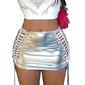 EVILD Sexy Metallic Mini Skirt Glitter Tie up Cut Out Skirt Elastic Ruched Club Bodycon Skirt Party Sexy Costume for Women