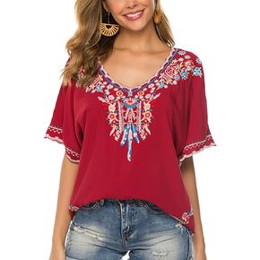 AK Women's Summer Casual Tops Boho Embroidery Mexican Bohemian Tops Shirt Tunic Blouses