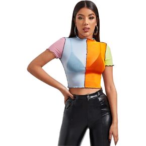 SweatyRocks Women's Short Sleeve Print See Through Sheer Mesh Crop Top T Shirt