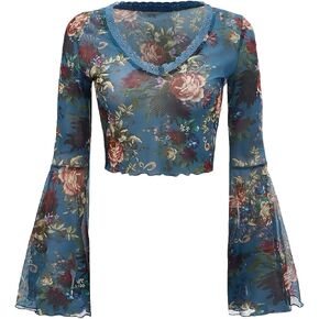 Floerns Women's Floral Print Trumpet Long Sleeve Lace Trim Crop Top Tee
