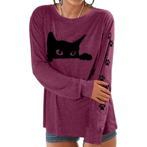 Women's Cute Cat Animal Graphic Shirts Funny Cat Long Sleeve Casual T-Shirts Black Cat Tops Tees