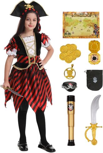 RAAIBB Pirate Costume Dress Kids Halloween Costume Girls Buccaneer Princess Cosplay with Deluxe Accessories Birthday Gifts in Kuwait