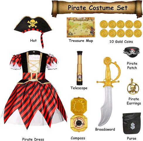 RAAIBB Pirate Costume Dress Kids Halloween Costume Girls Buccaneer Princess Cosplay with Deluxe Accessories Birthday Gifts in Kuwait