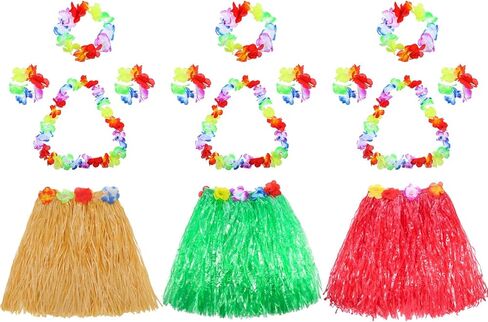 3 Set Grass Skirts for Kids Girls Elastic Hawaiian Hula Dancer Grass Skirt with Flower Leis for Luau Party Costume Set Multicoloured in Saudi Arabia