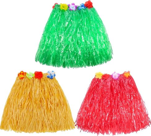 3 Set Grass Skirts for Kids Girls Elastic Hawaiian Hula Dancer Grass Skirt with Flower Leis for Luau Party Costume Set Multicoloured in Saudi Arabia