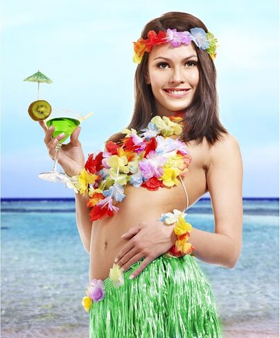 3 Set Grass Skirts for Kids Girls Elastic Hawaiian Hula Dancer Grass Skirt with Flower Leis for Luau Party Costume Set Multicoloured in Saudi Arabia