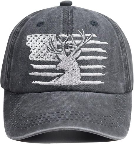 HHNLB Embroidered Funny American Flag and Deer Skull Hunting Hat, Distressed Cotton Wash Baseball Cap Gifts for Men Women in Kuwait