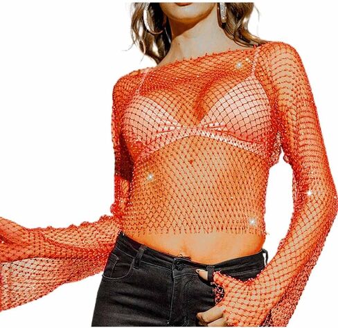 Fstrend المرأة شبكة حجر الراين كم طويل انظر من خلال التستر المحاصيل قمم مثير شبكة صيد السمك بيكيني الشاطئ الجسم الملحقات للنساء والفتيات (برتقالي) in Kuwait