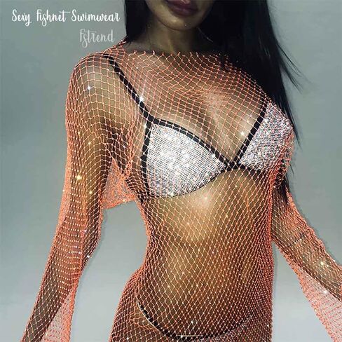 Fstrend المرأة شبكة حجر الراين كم طويل انظر من خلال التستر المحاصيل قمم مثير شبكة صيد السمك بيكيني الشاطئ الجسم الملحقات للنساء والفتيات (برتقالي) in Kuwait