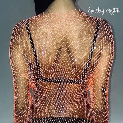 Fstrend المرأة شبكة حجر الراين كم طويل انظر من خلال التستر المحاصيل قمم مثير شبكة صيد السمك بيكيني الشاطئ الجسم الملحقات للنساء والفتيات (برتقالي) in Kuwait