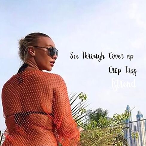 Fstrend المرأة شبكة حجر الراين كم طويل انظر من خلال التستر المحاصيل قمم مثير شبكة صيد السمك بيكيني الشاطئ الجسم الملحقات للنساء والفتيات (برتقالي) in Kuwait