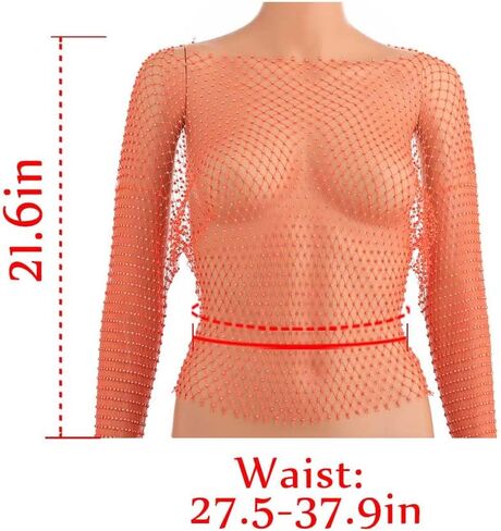 Fstrend المرأة شبكة حجر الراين كم طويل انظر من خلال التستر المحاصيل قمم مثير شبكة صيد السمك بيكيني الشاطئ الجسم الملحقات للنساء والفتيات (برتقالي) in Kuwait