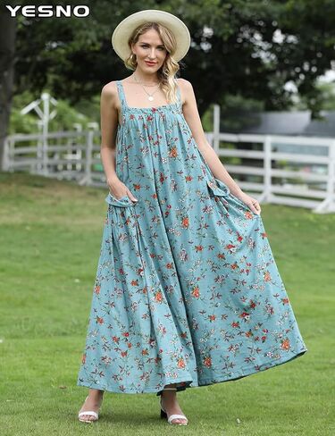 YESNO فستان طويل للنساء بجيوب فستان بوهو صيفي مع حزام عريض بأزرار قابلة للتعديل E96 in Kuwait