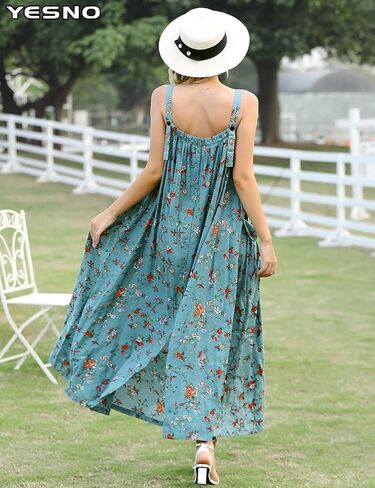 YESNO فستان طويل للنساء بجيوب فستان بوهو صيفي مع حزام عريض بأزرار قابلة للتعديل E96 in Kuwait