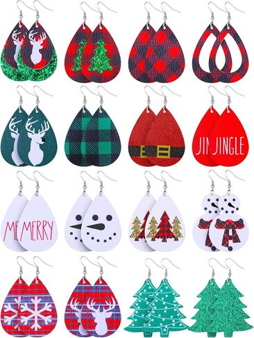 16 Pairs Christmas Faux Leather Earrings Lightweight Faux Leather Earrings Holiday Earrings for Women in Saudi Arabia