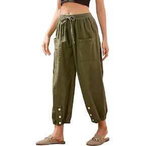 Gulposa Casual Capri Pants for Women Linen Drawstring Elastic Capris Crop Relaxed Fit Cotton Wide Leg Capri Wide Leg Pants in Kuwait