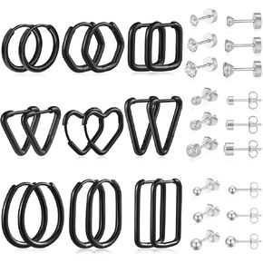 18 Pairs Earring Sets for Multiple Piercing Small Huggie Hoop Earrings Hypoallergenic Flat back CZ Stud Earrings Set for Women Man Gold Silver Black
