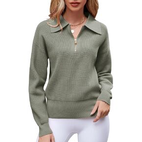 Micoson Women's Long Sleeve Half Zip Pullover Sweaters Casual V Neck Collared Waffle Knit Loose Jumper Tops