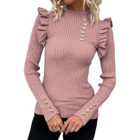 SOLY HUX Women's Ribbed Knit Mock Turtleneck Sweater Ruffle Trim Slim Fit Pullover Tops in Saudi Arabia