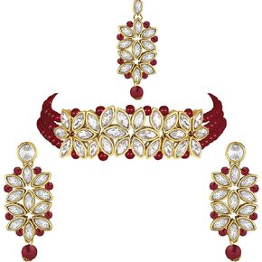 I Jewels 18k Gold Plated Indian Bollywood Pearl Kundan Ethnic Choker Necklace Jewellery Set for Women (IJ345)