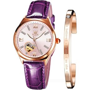 OLEVS Watches for Women Automatic Ladies Watch Mechanical Leather Strap Self-Winding Ladies Wrist Watch Diamond dial Waterproof Red