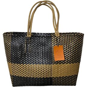 Designs Handwoven Super Tote Bag for Women | Recycled Plastic Shoulder Purse | Summer Beach, Pool, and Travel Handbag (Black & Gold)