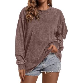 BINTEHGS Crewneck Oversized Sweatshirt for Women Loose Fit Long Sleeve Shirts Vintage Acid Wash Tshirt Basic Solid Color Tee