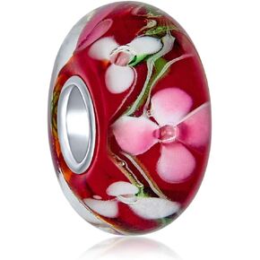 Bling Jewelry Murano Glass .925 Sterling Silver Core Floral Red and Black Green Pink Hibiscus Flower Spacer Charm Bead Fits European Bracelet For Women Teen