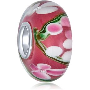 Bling Jewelry Murano Glass .925 Sterling Silver Core Floral Red and Black Green Pink Hibiscus Flower Spacer Charm Bead Fits European Bracelet For Women Teen