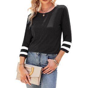 LIOFOER Women's 3/4 Sleeve T-shirt Round Neck Striped Tunic Tops Loose Casual Blouse in Kuwait