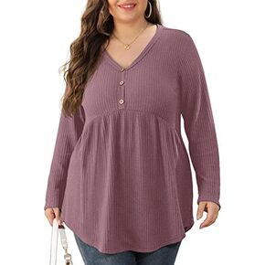 بلوزة نسائية من OLRIK بأكمام طويلة ومقاسات كبيرة ورقبة على شكل حرف V وأزرار لأعلى وبلوزة بيبلوم محاكة بطيات وقمصان فضفاضة in Kuwait