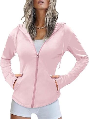 سترة رياضية للنساء من COOrun بقصة ضيقة، سترة رياضية بسحاب كامل للجري، سترة بغطاء للرأس، سترة بجيب، ثقوب للإبهام in Kuwait