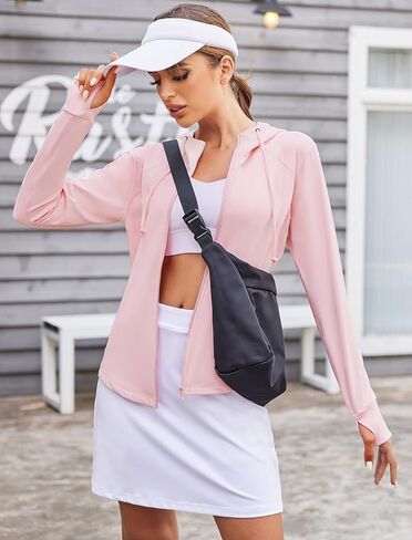 سترة رياضية للنساء من COOrun بقصة ضيقة، سترة رياضية بسحاب كامل للجري، سترة بغطاء للرأس، سترة بجيب، ثقوب للإبهام in Kuwait