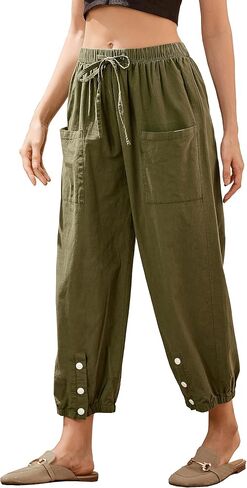 Gulposa Casual Capri Pants for Women Linen Drawstring Elastic Capris Crop Relaxed Fit Cotton Wide Leg Capri Wide Leg Pants in Kuwait