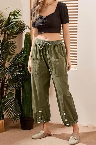 Gulposa Casual Capri Pants for Women Linen Drawstring Elastic Capris Crop Relaxed Fit Cotton Wide Leg Capri Wide Leg Pants in Kuwait