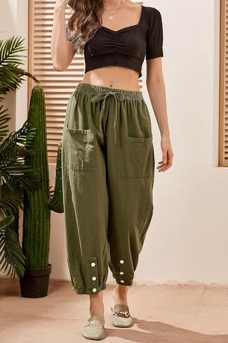 Gulposa Casual Capri Pants for Women Linen Drawstring Elastic Capris Crop Relaxed Fit Cotton Wide Leg Capri Wide Leg Pants in Kuwait