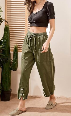 Gulposa Casual Capri Pants for Women Linen Drawstring Elastic Capris Crop Relaxed Fit Cotton Wide Leg Capri Wide Leg Pants in Kuwait