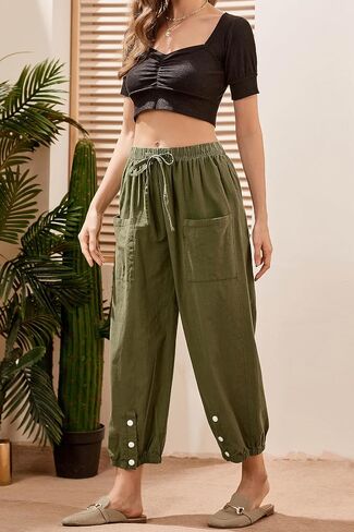 Gulposa Casual Capri Pants for Women Linen Drawstring Elastic Capris Crop Relaxed Fit Cotton Wide Leg Capri Wide Leg Pants in Kuwait