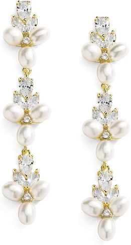 Mariell Freshwater Pearl Gold Dangle Bridal and Wedding Earring with Cubic Zirconia Crystal, Prom Jewelry in Saudi Arabia