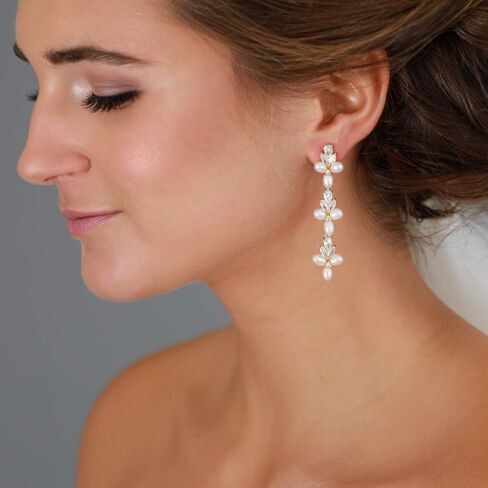 Mariell Freshwater Pearl Gold Dangle Bridal and Wedding Earring with Cubic Zirconia Crystal, Prom Jewelry in Saudi Arabia