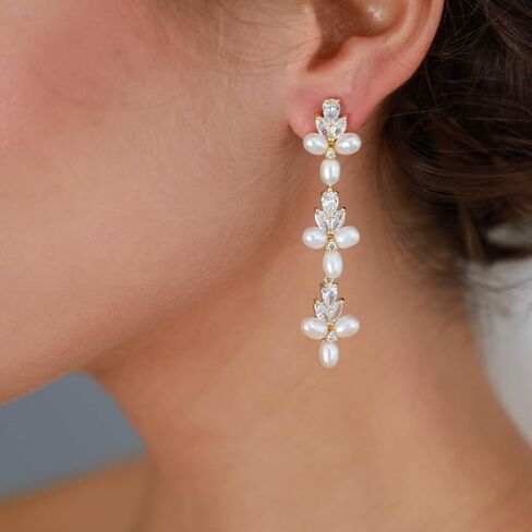 Mariell Freshwater Pearl Gold Dangle Bridal and Wedding Earring with Cubic Zirconia Crystal, Prom Jewelry in Saudi Arabia
