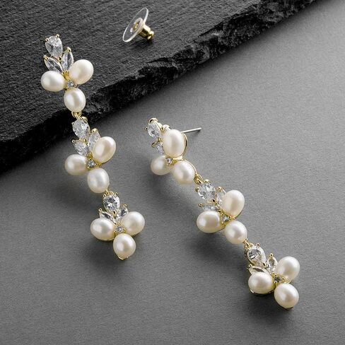 Mariell Freshwater Pearl Gold Dangle Bridal and Wedding Earring with Cubic Zirconia Crystal, Prom Jewelry in Saudi Arabia