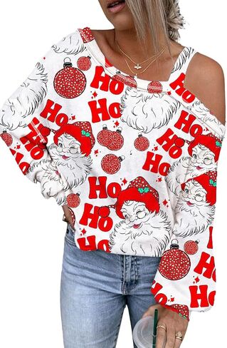 JINTING Women’s Christmas Tree Sweatshirt Santa Claus Lightweight Sweatshirts Merry Christmas One Off Shoulder Shirt Blouse in Saudi Arabia