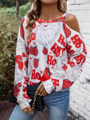 JINTING Women’s Christmas Tree Sweatshirt Santa Claus Lightweight Sweatshirts Merry Christmas One Off Shoulder Shirt Blouse in Saudi Arabia