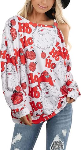 JINTING Women’s Christmas Tree Sweatshirt Santa Claus Lightweight Sweatshirts Merry Christmas One Off Shoulder Shirt Blouse in Saudi Arabia