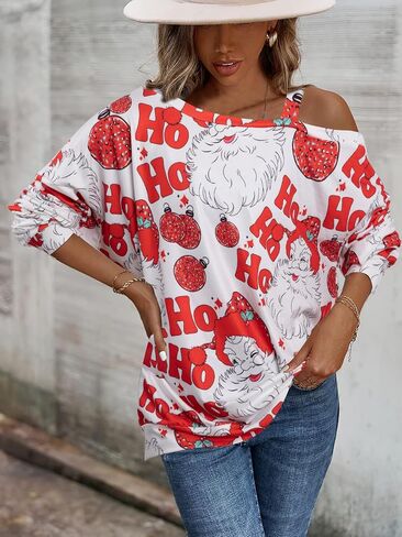 JINTING Women’s Christmas Tree Sweatshirt Santa Claus Lightweight Sweatshirts Merry Christmas One Off Shoulder Shirt Blouse in Saudi Arabia