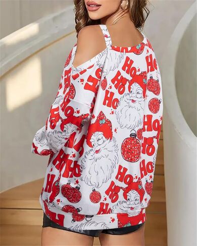 JINTING Women’s Christmas Tree Sweatshirt Santa Claus Lightweight Sweatshirts Merry Christmas One Off Shoulder Shirt Blouse in Saudi Arabia